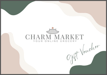 Gift voucher design for Charm Market with a logo and text on a white background