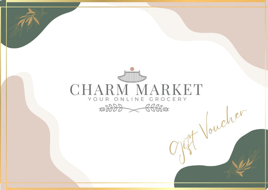 Charm Market gift voucher with decorative elements on a beige background