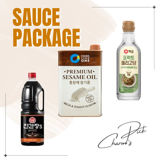 Three different types of sauces with labels on a beige background