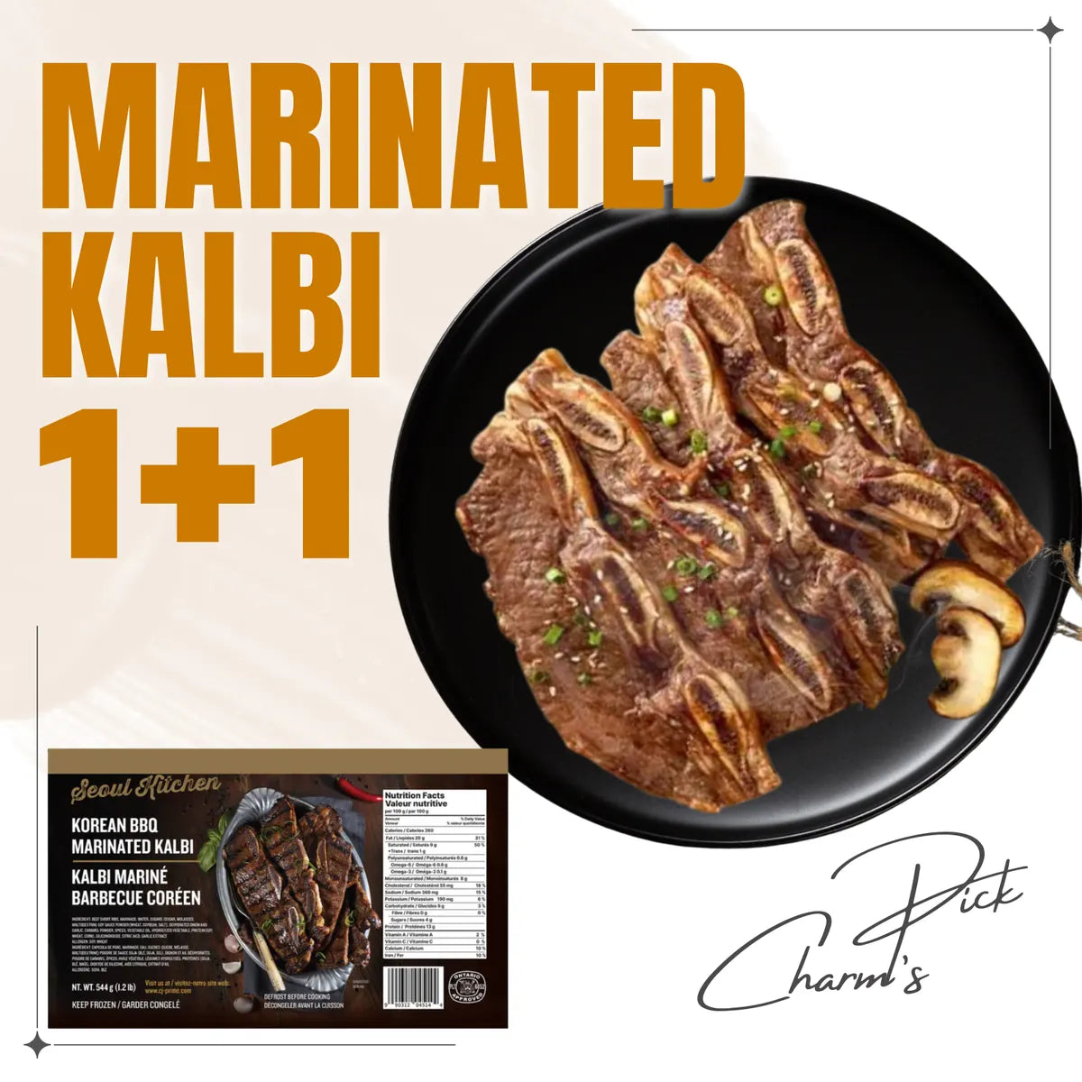 Marinated Kalbi with a pan of meat and mushrooms on a beige background, featuring 'Charmin's' branding.