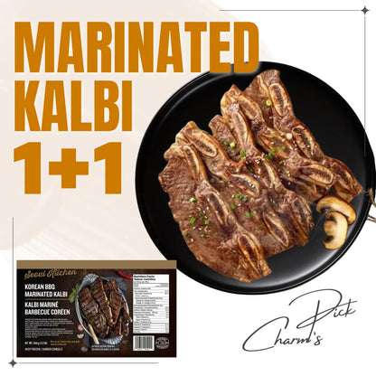 Marinated Kalbi with a pan of meat and mushrooms on a beige background, featuring 'Charmin's' branding.